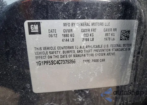 2012 Chevrolet Cruze Lt z USA, uszkodzony, nr VIN 1G1PF5SC4C7379266